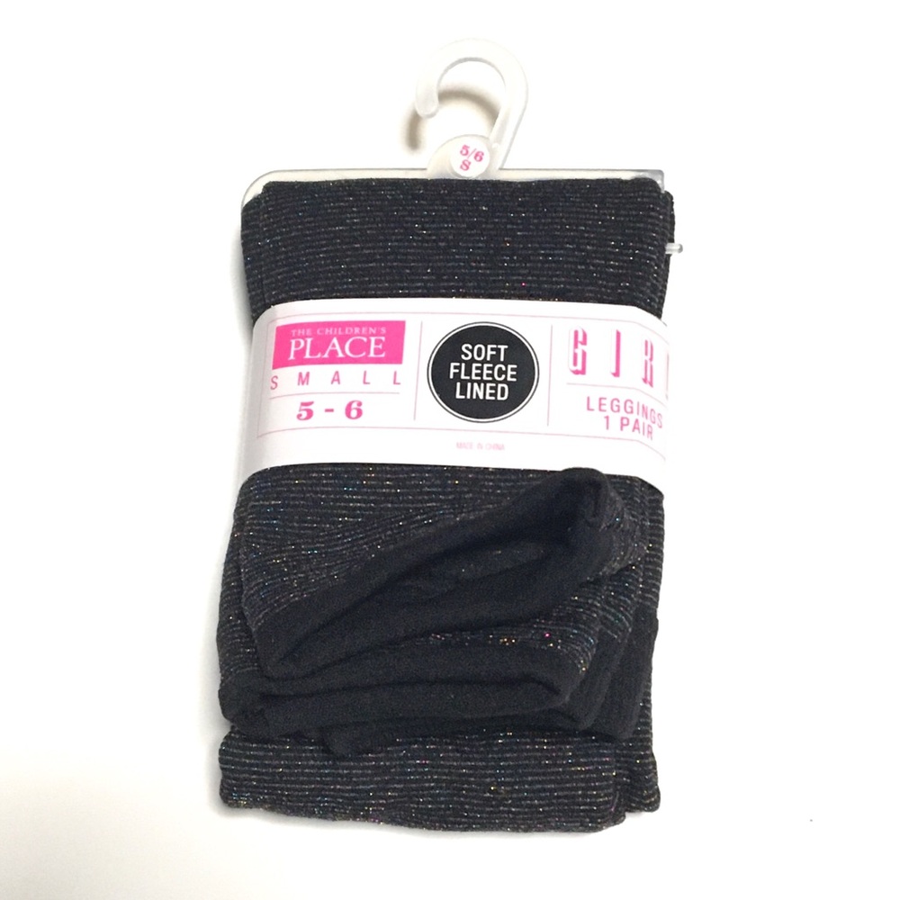 NWT S Girls 5-6 The Children’s Place Soft Fleece Black Sparkles Leggings Tights - Picture 2 of 5
